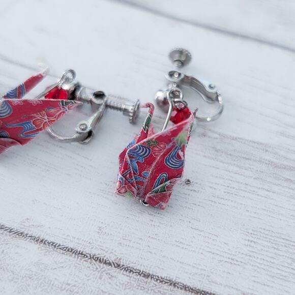 Vintage Clip On Earrings Origami Crane Dangle Earrings - Picture 6 of 15